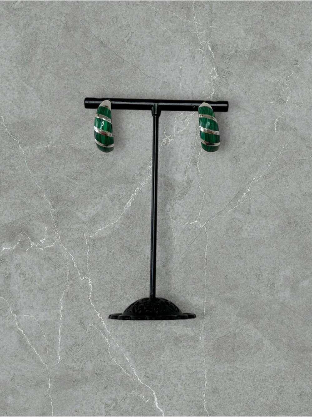 Platinum over 925 Silver Inlaid Malachite Demi Hoop Earrings